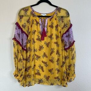 Sundance sheer floral tassel blouse yellow purple EUC size small